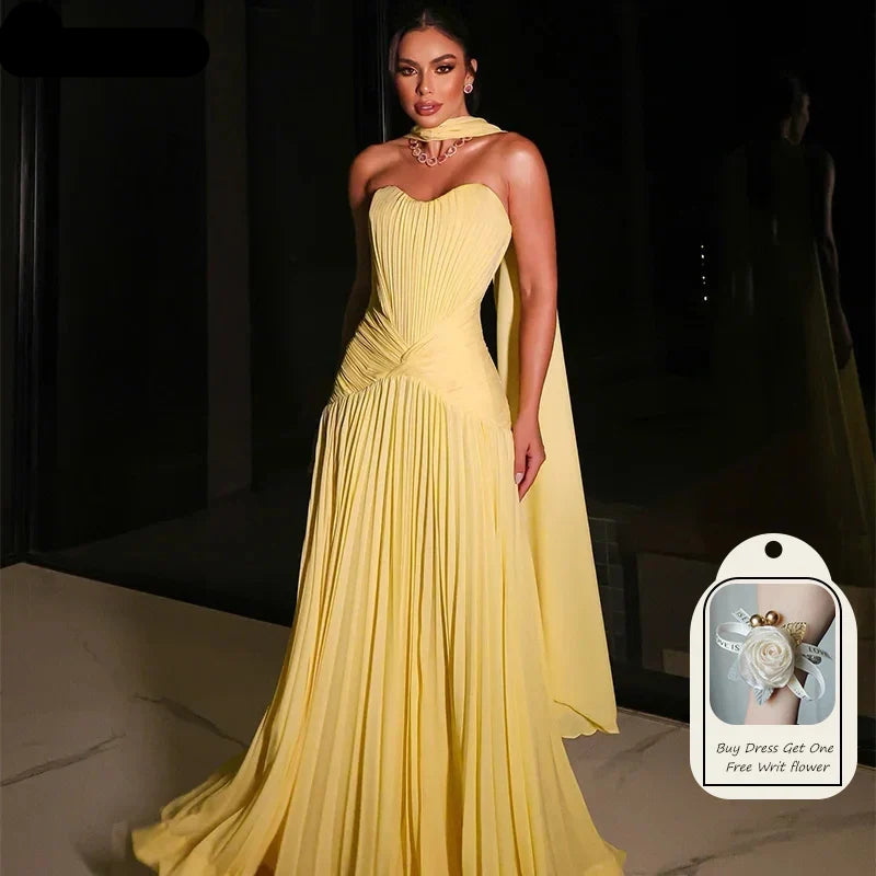 A-Line Pleat Yellow Evening Dresses Sleeveless Strapless Formal Dresses for Women Elegant Prom Gowns Custom Made 2025