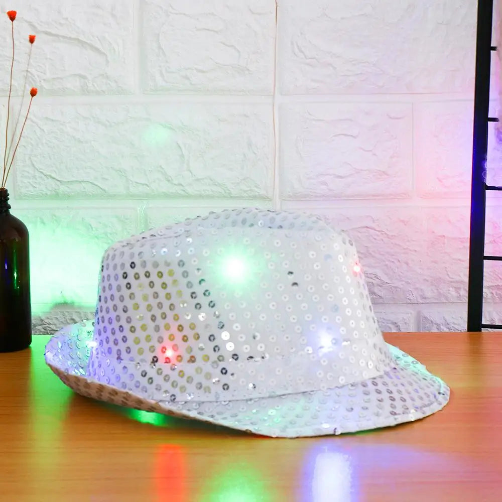 Unisex Light Up Flashing Led Fedora Trilby Jazz Hat Panama Cap Sequin