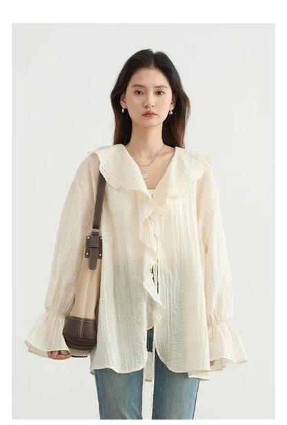 Women Shirt Loose Casual Ruffled Edges Female Blouses Solid V Neck Lace Up Mid Length Ladies Shirts Spring Summer 2026