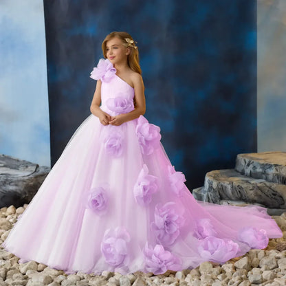 Customized Flower Girl Dress Pink Tulle Flowers Single Shoulder For Wedding Birthday Party Holy Communion Banquet Princess Gown