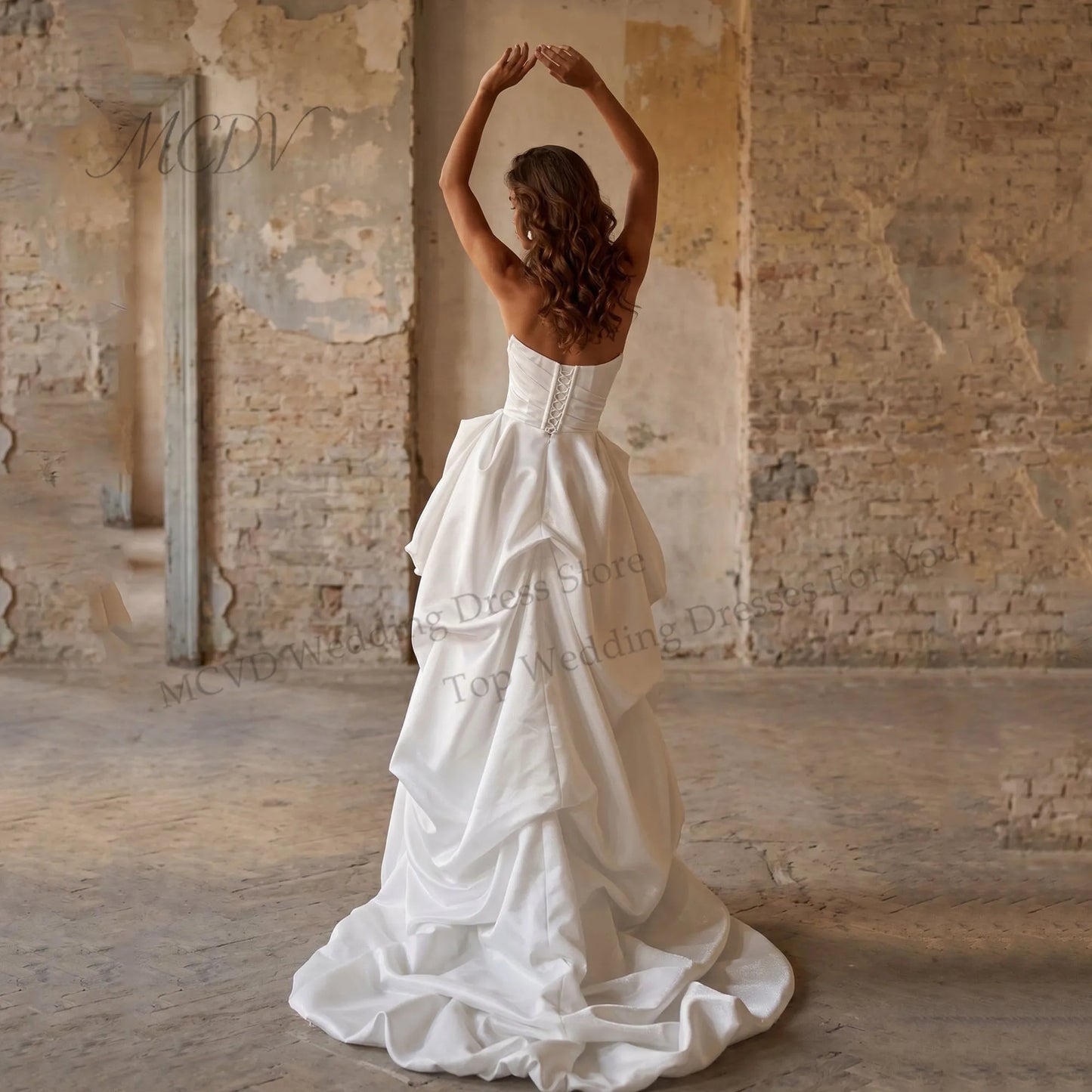 Modern High/Low Satin A-Line Wedding Dresses Women Strapless Open Back Pleat Corset Sleeveless Bridal Party Gowns Customized