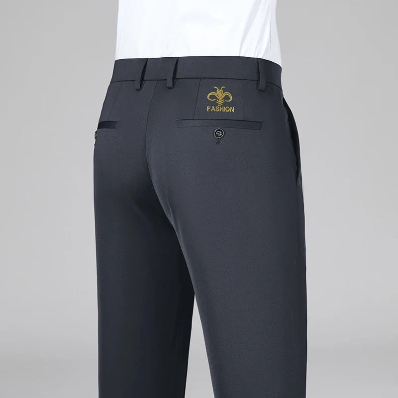 Men's Stretch Pants with Embroidery Casual Suit Pants Wrinkle Resistant Dress Pants
