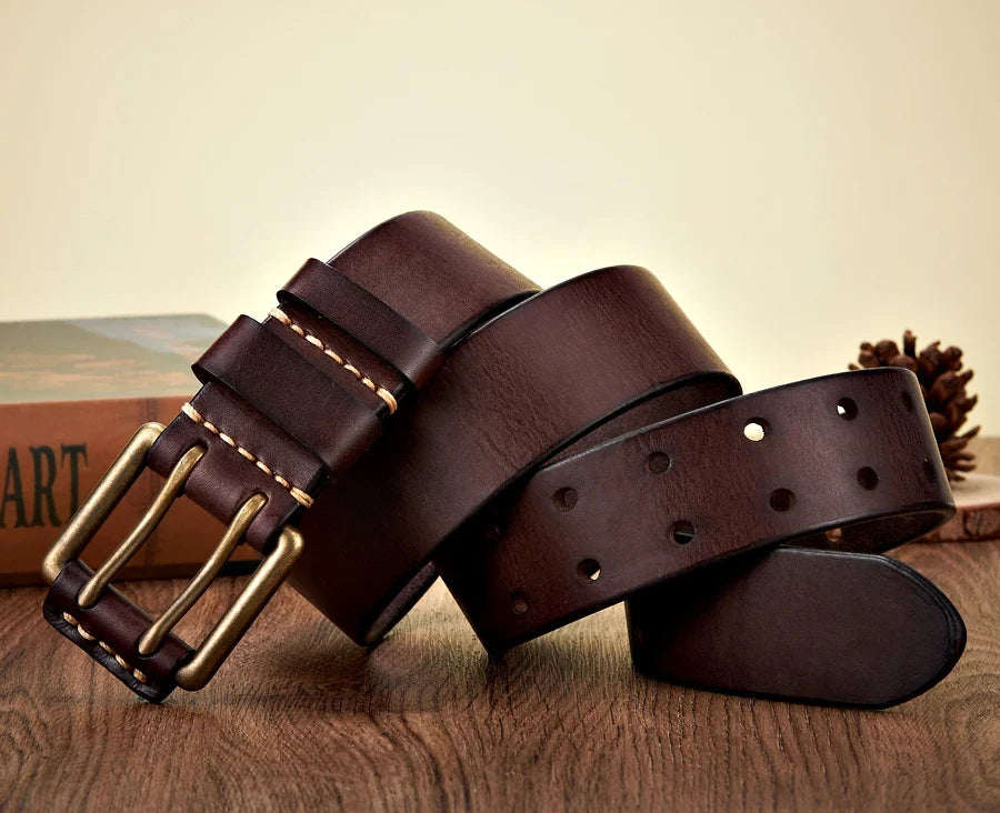 3.8cm Wide Retro Vintage Men's Belt Cowhide Genuine Leather Belt Copper Double Needle Buckle Handmade Cowboy Jeans Belt