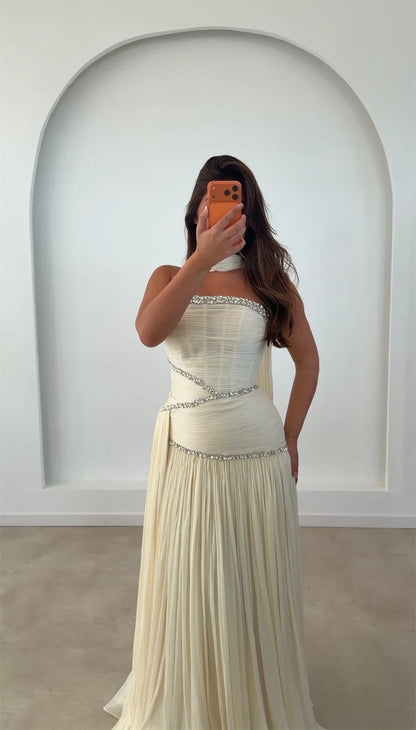 Custom Halter Neck A-Line Evening Dress Crystal Chiffon Prom Dresses Pleated Vestidos De Noche Elegant Formal Evening