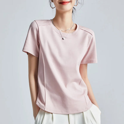 Summer Women's White Mercerized Cotton T-Shirt | 3D Stitching Round Neck Basic Top | Plus Size Slim Fit Layered Casual Blouse