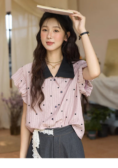 Summer Office Lady Blouses Women 2025 Short Sleeve Turn-down Collar Polka Dot Shirts Female Fashion Slim Tops MXE31C0776