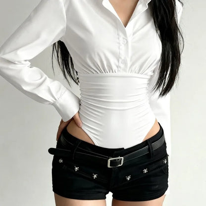 Summer Fashion New Design Sense High-end Spicy Girl Three-dimensional Top Simple Slim Fit Versatile Long Sleeved Jumpsuit Shirt