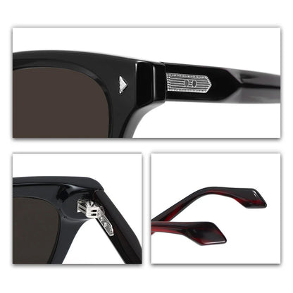 Retro Sunglasses Black Acetate Dark Red Temples UV400 Non-Polarized Rectangle Unisex Eyewear