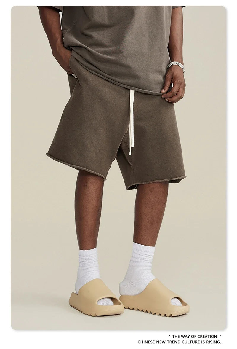 New Summer Men Retro Washed Shorts Unisex Drawstring Loose Edge 420gsm Solid Knee Length Cotton Pants Streetwears HY0589