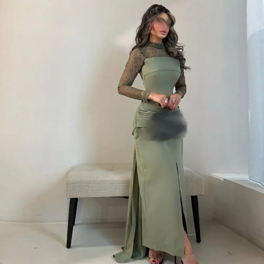 Customized High Neck Evening Dresses Front Split Ankle-Length Lace Full Sleeve Prom Gown Modern Pleat Straight Party Dress
