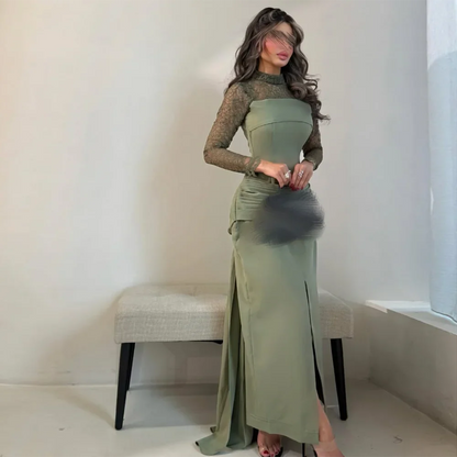 Customized High Neck Evening Dresses Front Split Ankle-Length Lace Full Sleeve Prom Gown Modern Pleat Straight Party Dress