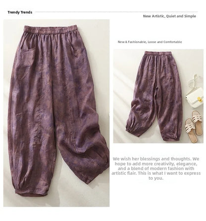 Retro Waterprint Linen Casual Nine-Piece Pants plus Size Women's Loose Elastic Waist Versatile Wide Leg Harlan Pants