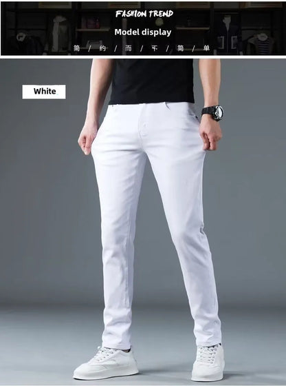 Korean Man Designer Clothes 2025 White Jeans Men Spring Autumn Printed Students Slim Stretch Pencil Pants Workwear Long Trousers