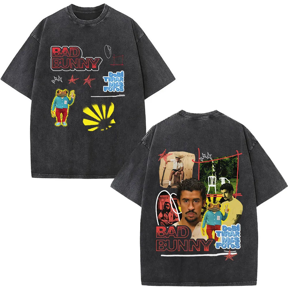 Rapper Bad Bunny Washed Vintage T-shirt Debi Tirar Mas Fotos DTMF World Tour T Shirts Men's Fashion Hip Hop T-shirts Streetwear