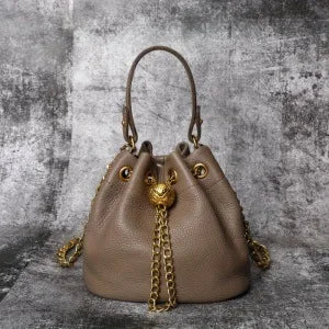 New Vintage Fashion Chain Bag Genuine Leather Multi-Way Bucket Bag for Women Compact Stylish Crossbody Purse