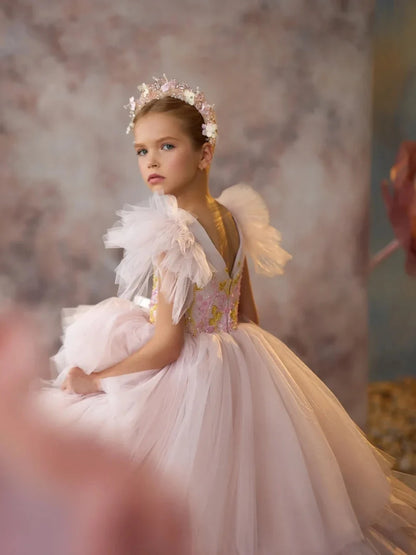 Girls Luxurious Beaded Tiered Tulle Long Wedding Party Gown Elegant Sleeveless Kids Dresses First Communiom Formal Evening Wear