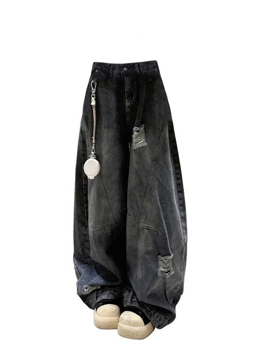 Women Dark Academia Cyber Punk Grunge Harajuku Baggy Tie Dye Jeans Japanese Y2K Streetwear Tomboy Ripped Hole Denim Pants 2000s