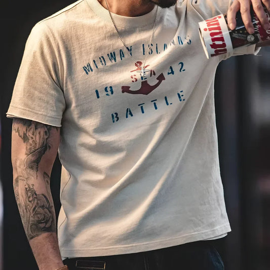 Vintage Letter Print Cotton Short Sleeve T-Shirt Men's Summer Loose Fit Ribbed Crew Neck Tee Casual Street Tops for Daily