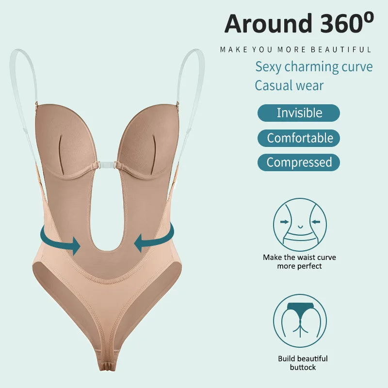 One-Piece Deep V-Neck Push Up Body Shapewear Bodysuit Women's Thong Bottom Underwear Slimming U-Shaped Low Back Backless Corset