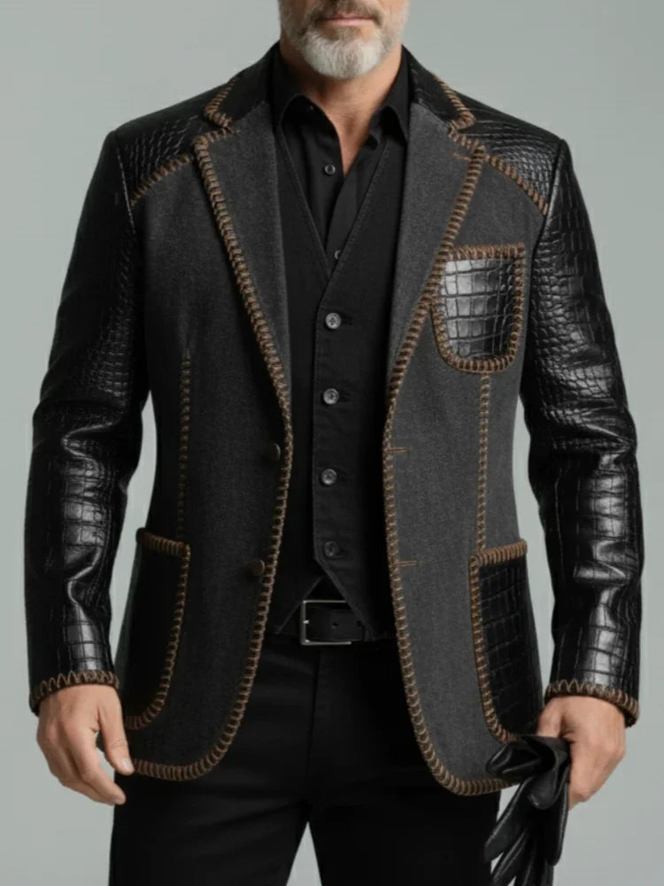 Designer Classic Men's Suit Coat PU Splicing Denim Notched Lapel Tuxedos Peaked Breasted Groom Wear Business Party Blazer