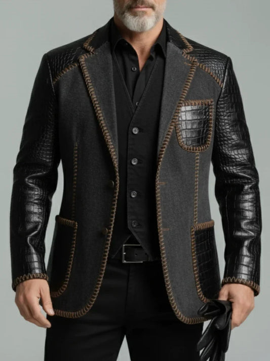 Designer Classic Men's Suit Coat PU Splicing Denim Notched Lapel Tuxedos Peaked Breasted Groom Wear Business Party Blazer