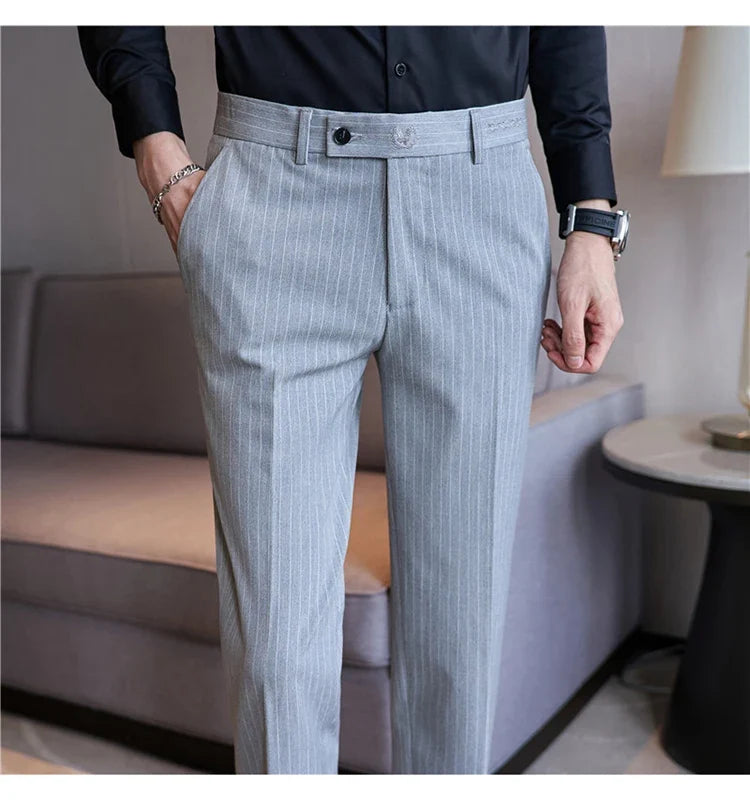 New Korean Style Fashion Striped Embroidery Suit Pants Men's Business Slim Casual Straight Pants Formal Wedding Party Trousers