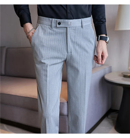 New Korean Style Fashion Striped Embroidery Suit Pants Men's Business Slim Casual Straight Pants Formal Wedding Party Trousers