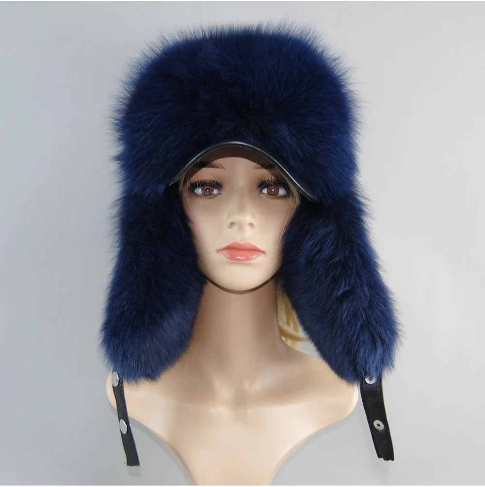 100% Real Fox Fur Hat Women's Russian Ushanka Aviator Trapper Snow Skiing Hat Caps Earflap Winter Raccoon Fur Bomber Hat