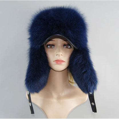 100% Real Fox Fur Hat Women's Russian Ushanka Aviator Trapper Snow Skiing Hat Caps Earflap Winter Raccoon Fur Bomber Hat