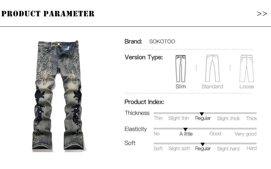 Men's Pearl Boot Cut Denim Jeans Embroidery Patch Slim Flared Pants Casual Streetwear Vintage Blue Trousers