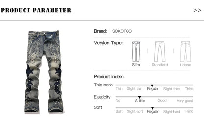 Men's Pearl Boot Cut Denim Jeans Embroidery Patch Slim Flared Pants Casual Streetwear Vintage Blue Trousers