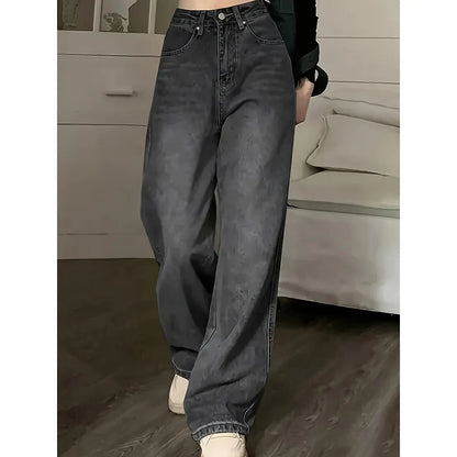 Women Fashion Loose Jeans Female High Waist Streetwear Designer Wide Leg Trousers Female Classic Gray Goth Straight Leg Pants