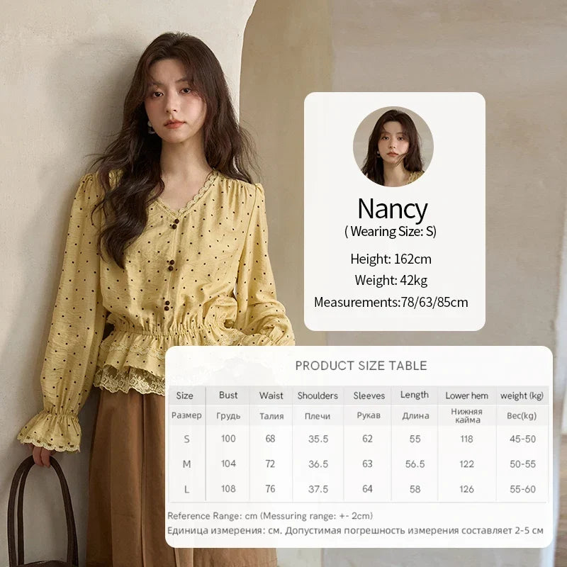 Autumn Yellow Polka Dot Linen Blouse 2025 Autumn Lace V-neck Commuter Top Flare Sleeve Elastic Waist Shirts MXE42X1975