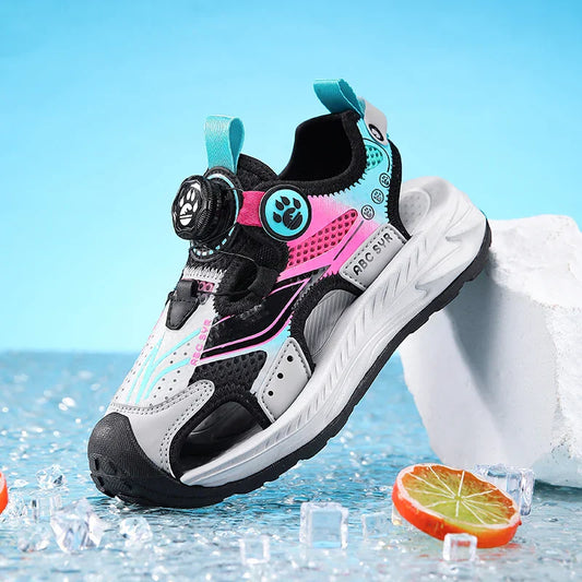 Kids Rotating Button Closed-Toe Sandals, Breathable Mesh Sport Shoes for Boys, Non-Slip Adjustable Summer Beach Sneakers