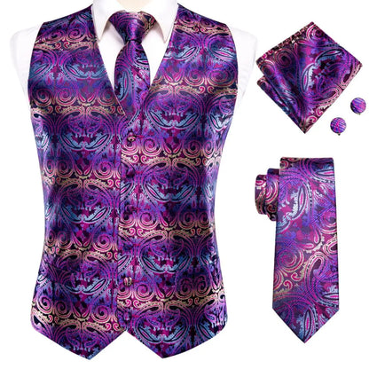 Purple Silk Mens Waistcoat Tie Set Sleeveless Jacket Suit Vest Necktie Hanky Cufflinks Wedding Business Oversized