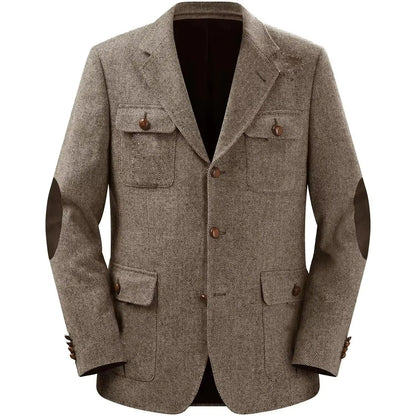 Autumn Winter Multi-Pocket Hunting Jacket Herringbone Tweed Men's Sporty Formal Blazers Suit Vintage Elegance Menswear 2025 NEW