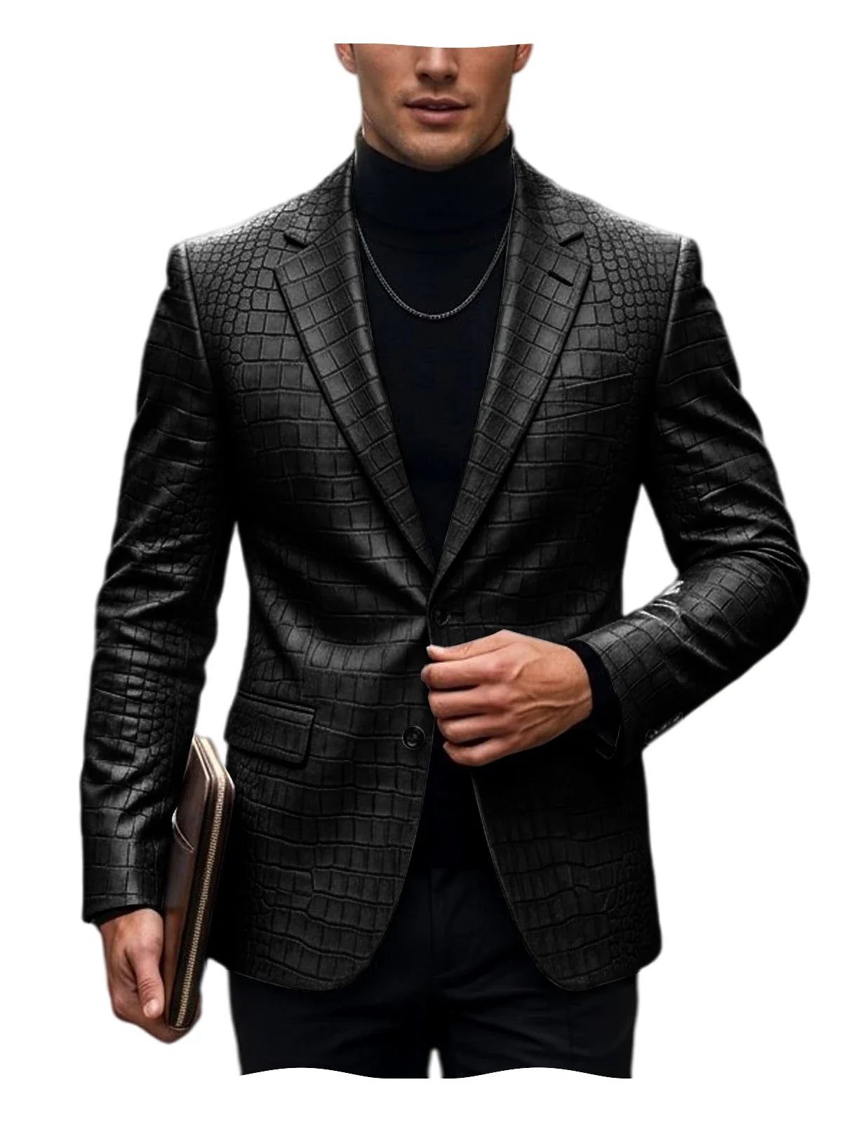 Men's Crocodile Embossed Leather Blazer British Vintage Notched Lapel Slim Fit Business Suit Jacket Two Button Flap Pockets Coat