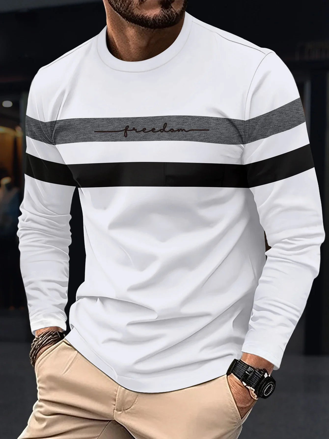 2026 Autumn Men's T-Shirt Clothing Fashion Oversized Crew Neck Long Sleeve T-Shirt Top Simple Casual Stripe T-Shirts For Men