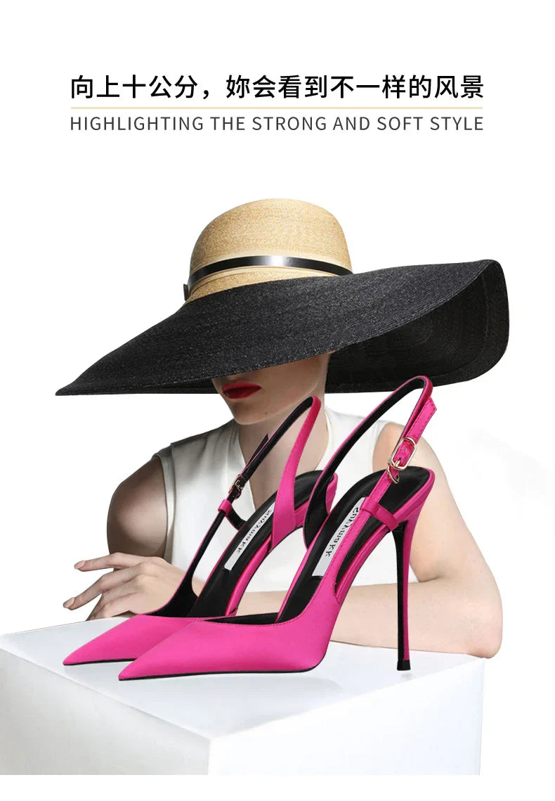 Rose red satin back tripe buckle sandals for women's new style slim heel and sexy European and American style single shoes