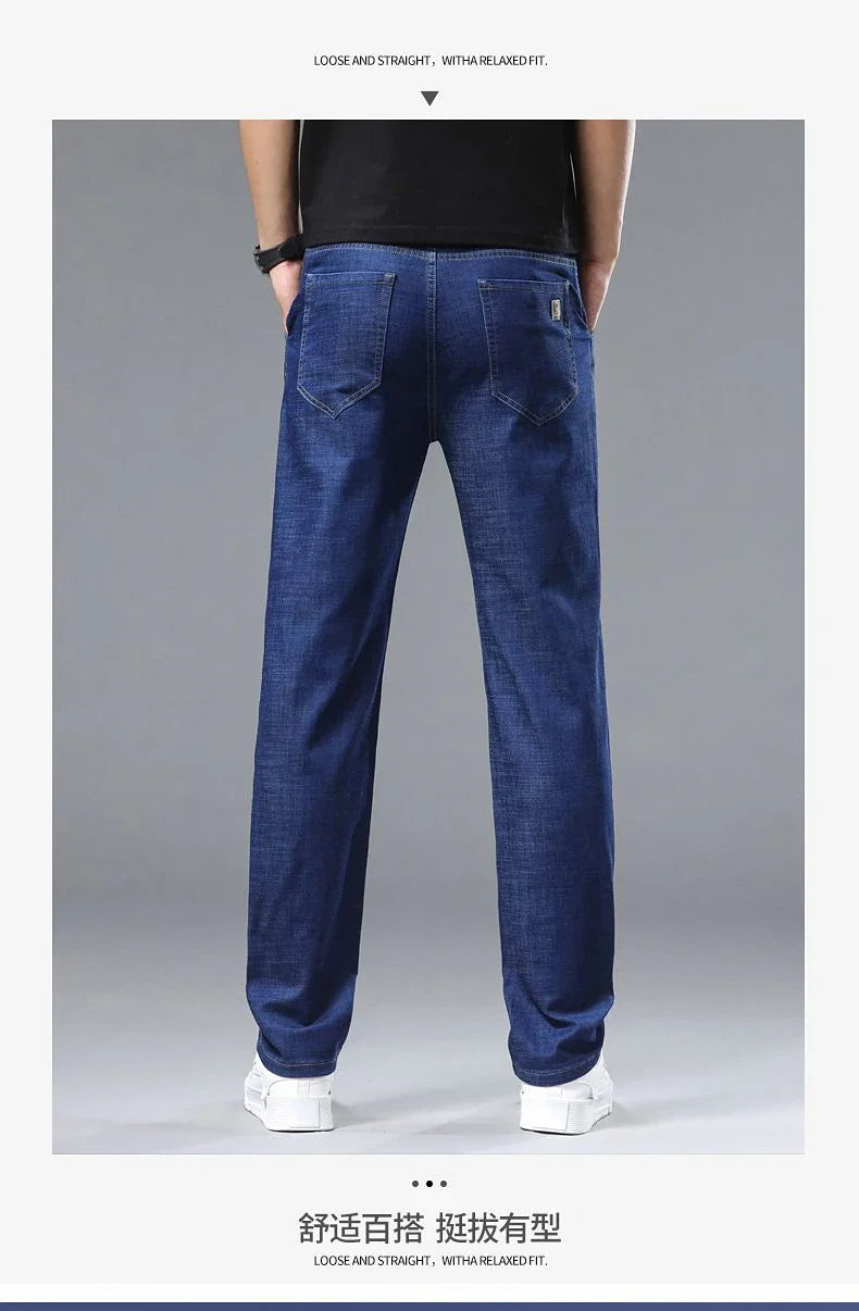 Light blue classic business jeans, fashionable breathable denim elastic pants, black blue men's straight leg jeans, sizes 28-40