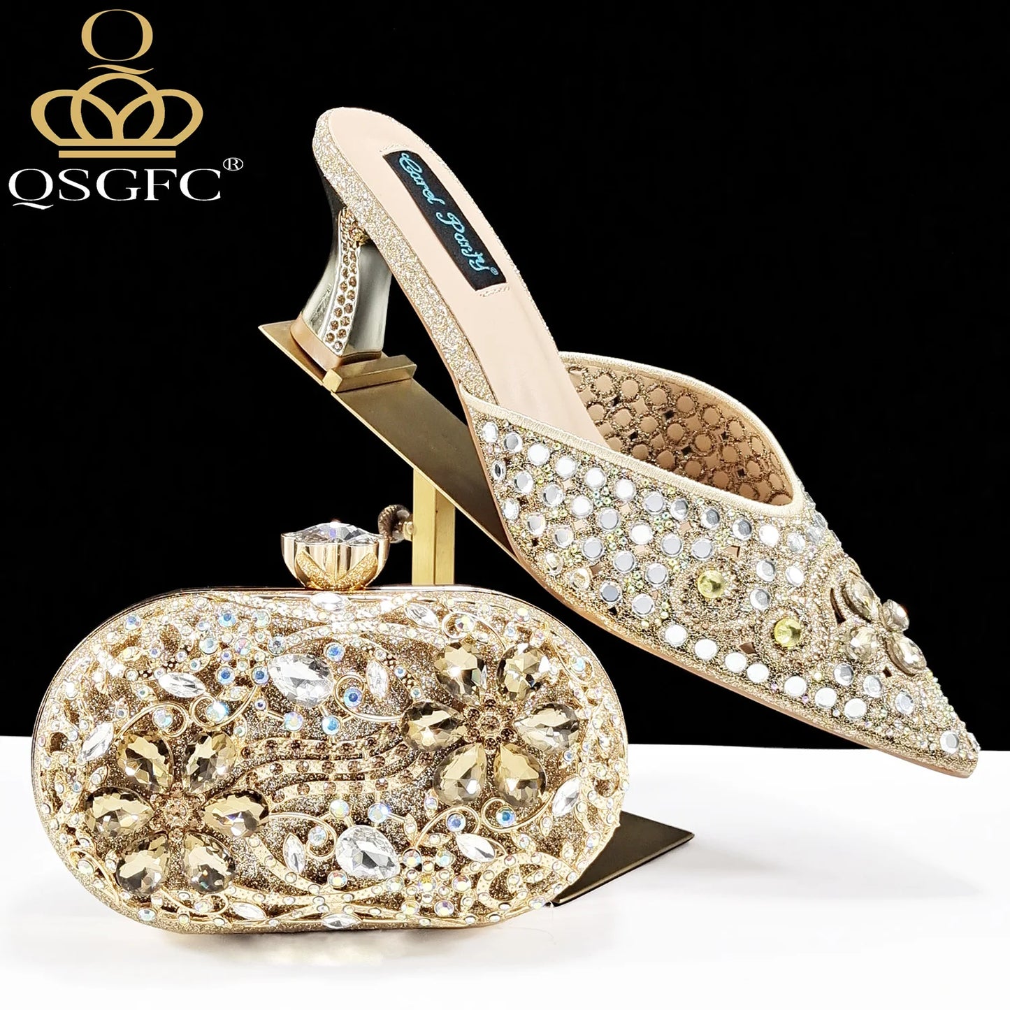 Nigerian Design Comfortable Women's Shoes with Diamond Oval Bag Women's High Heels for Party or Work