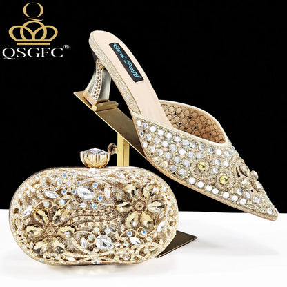 Nigerian Design Comfortable Women's Shoes with Diamond Oval Bag Women's High Heels for Party or Work