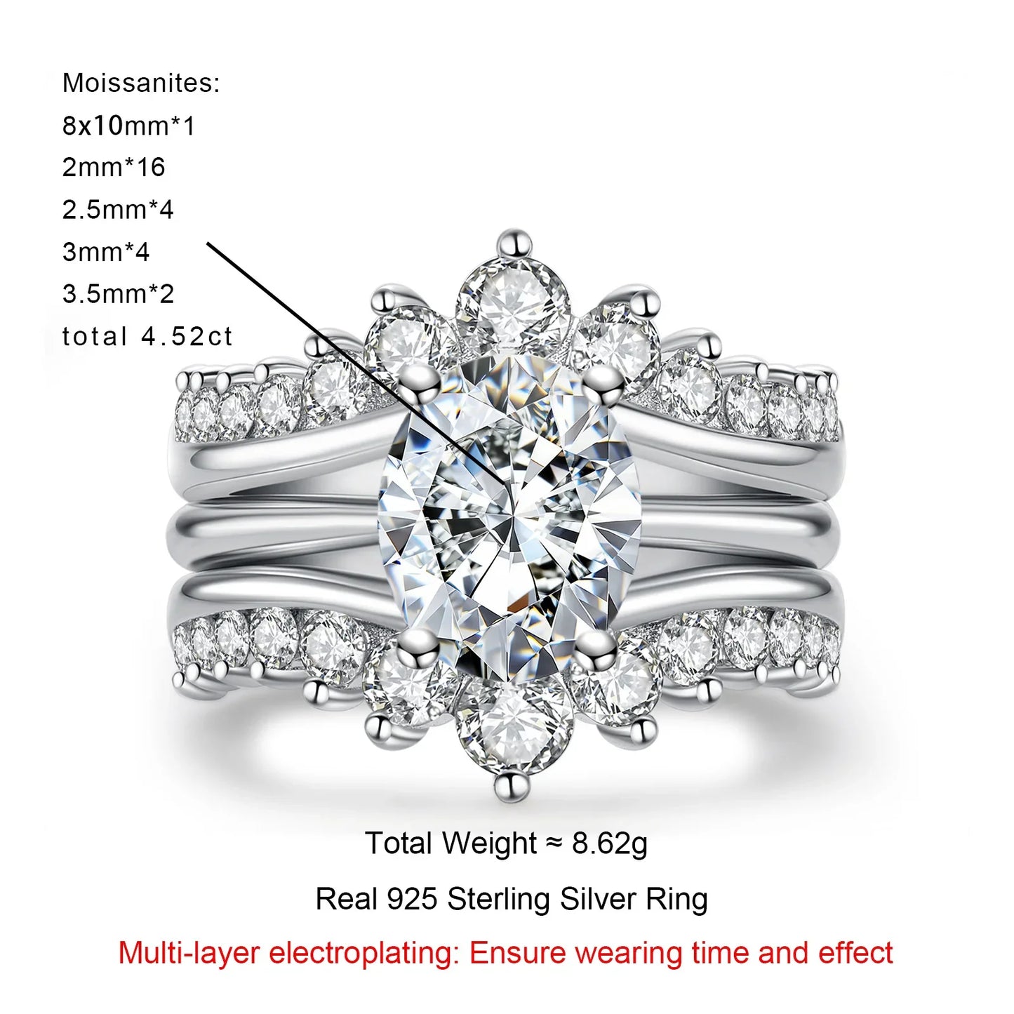 3ct Oval Moissanite Wedding Bands 18k Gold Plated 925 Sterling Silver Bridal Rings Set for Girls Jewelry Wholesale