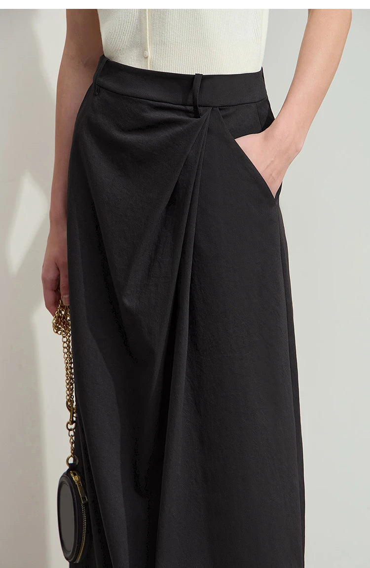 Minimalism 2025 New Long Skirts For Women Summer Vocation Black Pleated Elegant Office Lady Commuting Loose Skirt 12542102