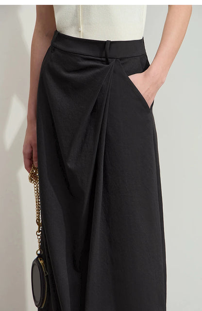 Minimalism 2025 New Long Skirts For Women Summer Vocation Black Pleated Elegant Office Lady Commuting Loose Skirt 12542102