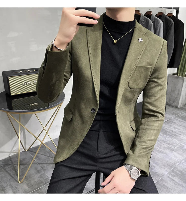 Deerskin Leather Jacket Blazer Men Casual Slim Fit Blazer Hombre Suit Leather Jacket Men Terno Masculino Men Clothing 6 Color