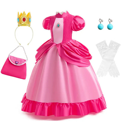 New 2026 Movie Inspired Lolita Princess Dress Super Plumber Bros's Friend Peach Costume Girls Pink Lace Frock Role Play Apparel