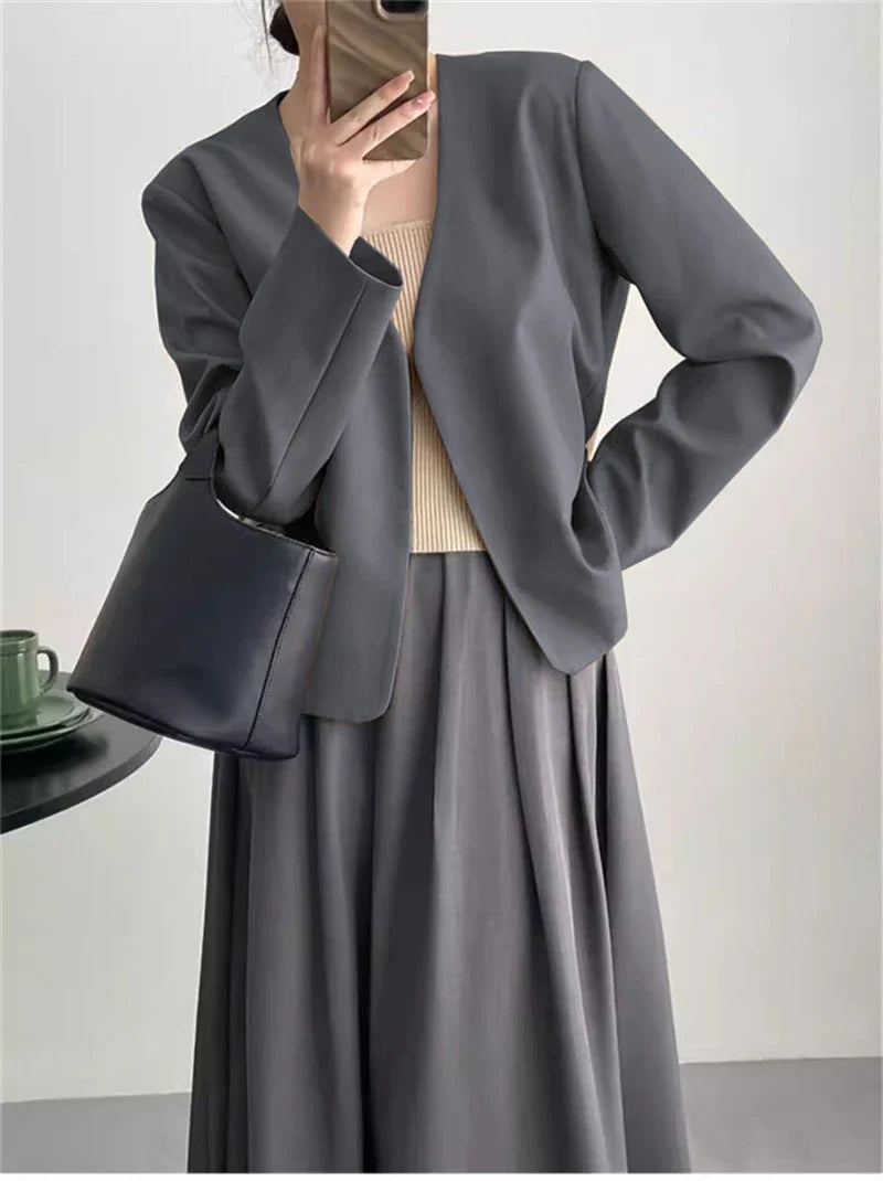 2025 Spring Autumn Fashion New Women's Suit Jackets Solid Short Coats Korean Blazers Long Sleeve Cardigan Coat Without Placket