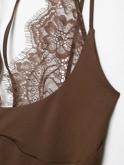 Women Sexy Slim Bodysuits Chic Lace Partwork Sleeveless Fashion Backless Sling Tops 2026 Newest Lady Casual Playsuit