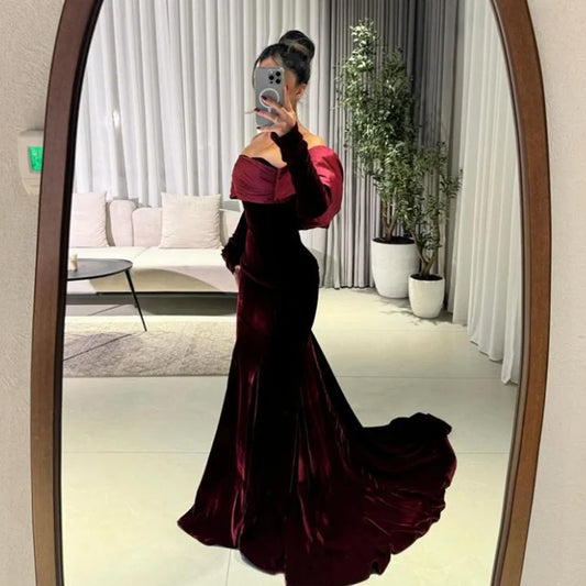 Customized Burgendy Velour Strapless Sweep Train Formal Evening Dresses Full Sleeves Backless Pleat Mermaid Party Prom Gowns